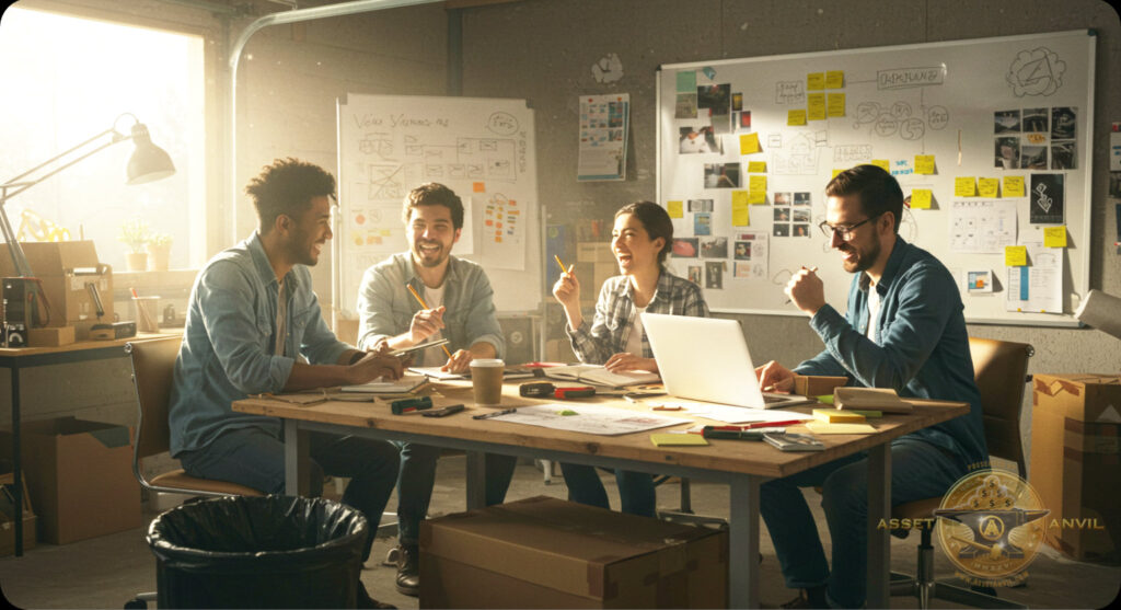 A diverse team of creators collaborates in a messy garage studio, turning failure into momentum and rebuilding smarter.