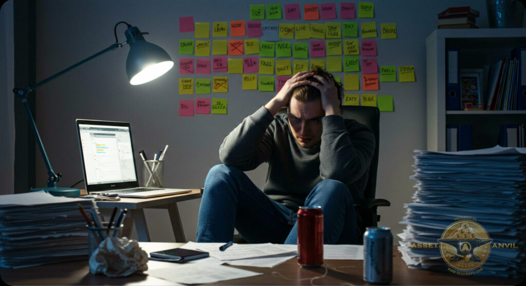 Late-night stress and burnout from following bad work-from-home business advice that no longer works in 2025.