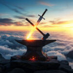 An anvil and sword glow atop a mountain at sunrise, symbolizing forging bold paths and building success with actionable home business ideas.