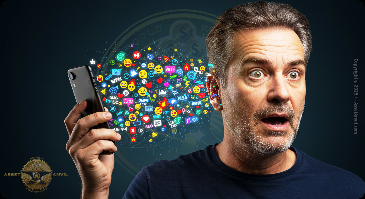 Middle-aged man surprised as neon data, emojis, and slang flow from a cellphone into his ear, symbolizing digital overload and fast communication.”