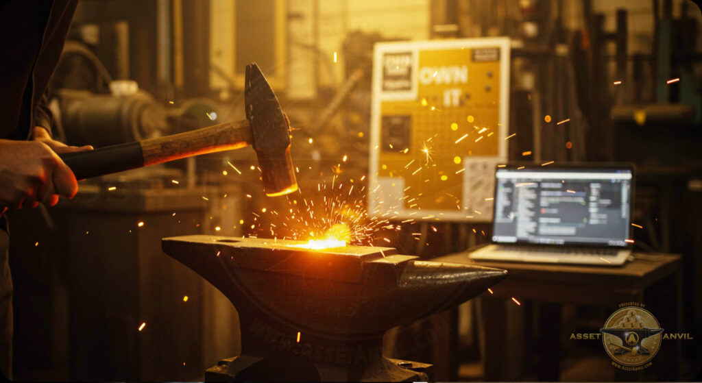 A hammer strikes an anvil as sparks fly, representing strength, ownership, and forging a real home business opportunity.