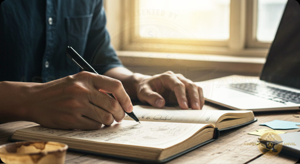 Hands sketching out ideas for home business in a well-used notebook, showing grit and perseverance.