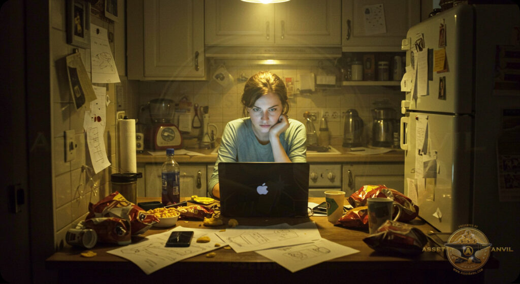 Determined woman building home business ideas late at night in a cluttered kitchen workspace.