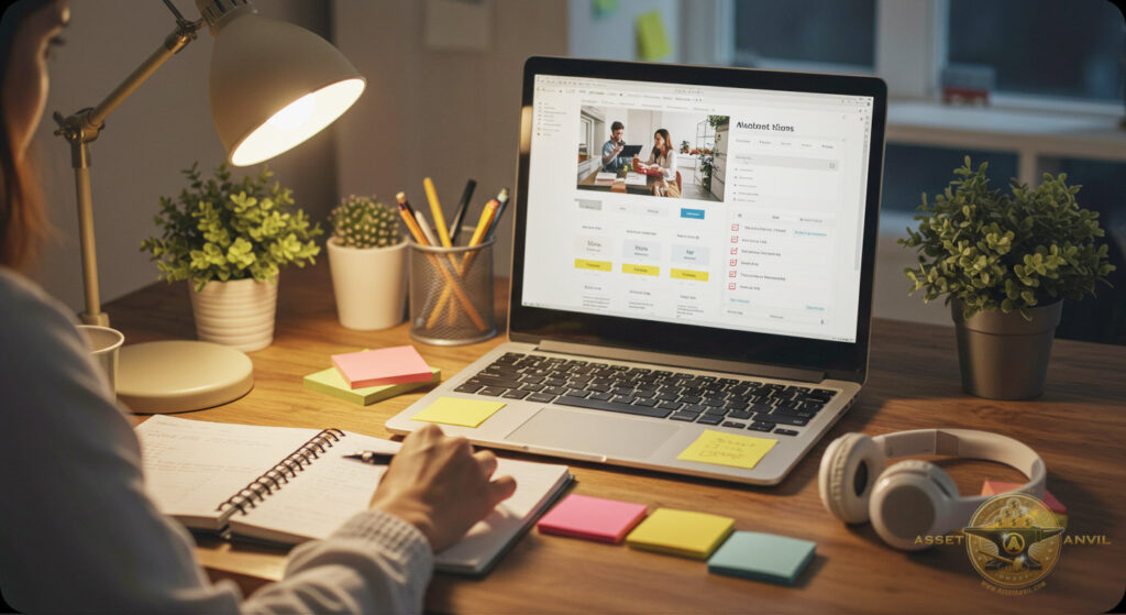 Someone launching a home business from a cozy workspace, surrounded by notes and ideas, embodying momentum and possibility.