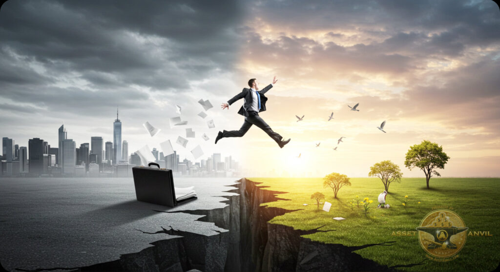 The leap into freedom—leaving behind the old world to step into a new work from home future filled with color and possibility.