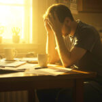 A determined person faces a life-changing decision about starting a home business, captured in early morning light and quiet reflection.