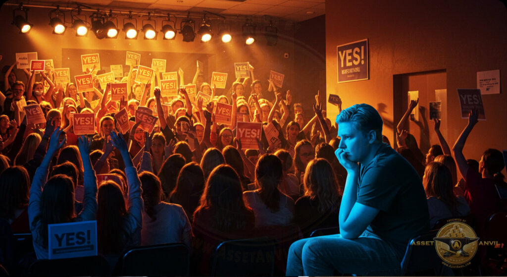 A lone skeptical face stands out in a crowd of blind enthusiasm, highlighting the danger of groupthink in home business communities.