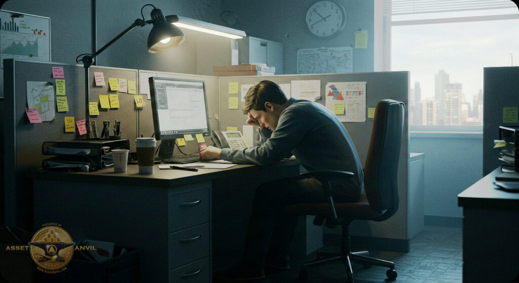 A drained worker in a dull office cubicle stares at a screen, symbolizing burnout and the urgency to start something new from home.