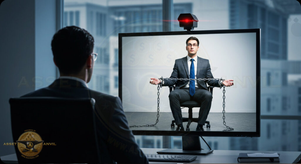 A digital entrepreneur views a shiny online store, unaware their reflection shows them trapped—exposing the risk in certain home business opportunities.