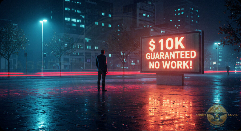 Flashy ad offering guaranteed money glows in the dark, illustrating misleading home business opportunity claims.