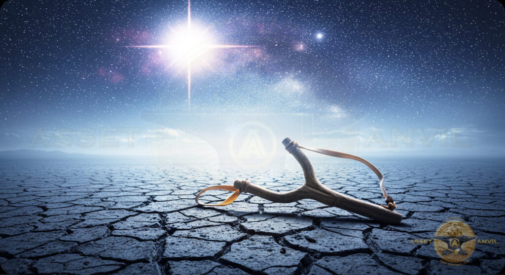 Symbolic slingshot aiming toward bright star, representing underdog success and home business breakthroughs.