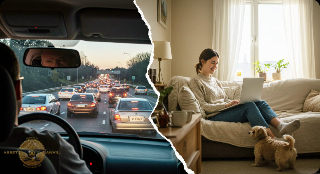 A split image of a person stuck in traffic vs. someone thriving at home captures the core choice behind starting your best home business idea or starting nothing at all. 