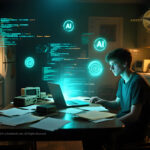 Young creator working late in a dim home kitchen as glowing AI graphics rise from laptop, symbolizing a breakthrough in online income using artificial intelligence.